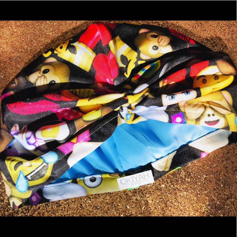 Satin Lined Red Emoji Turban Hair Wrap - Bonnet - Picture 3 of 6